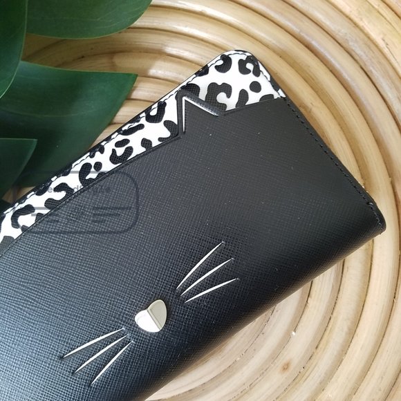 Kate Spade NWT Meow Cat Large Continental Wallet in Black Leather White Leopard - Picture 4 of 12